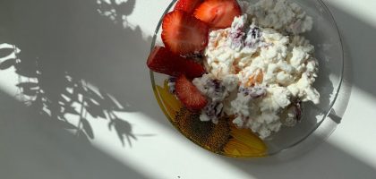 A sunlit plate of strawberries and cottage cheese perfect for breakfast.